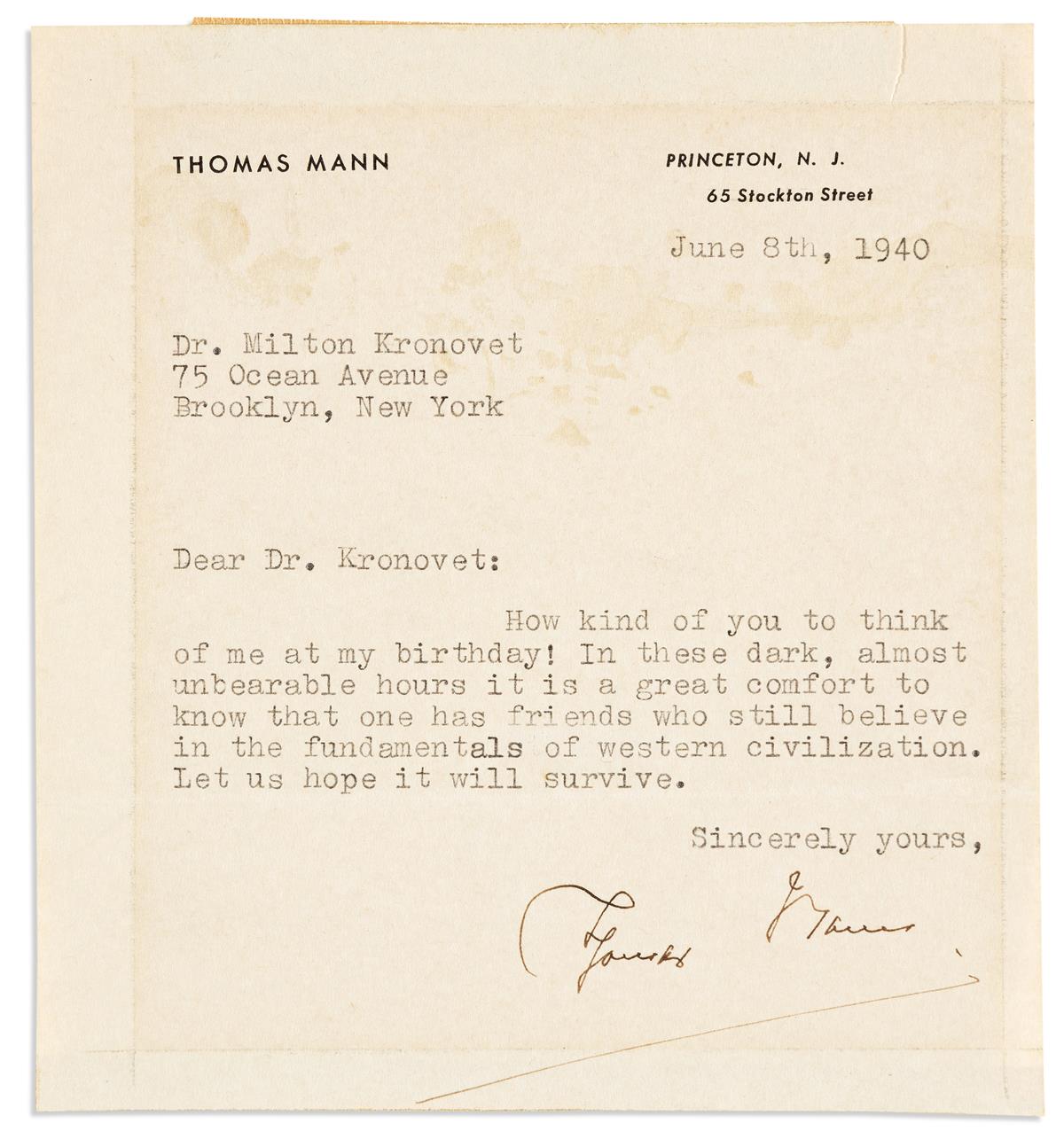 MANN, THOMAS. Typed Letter Signed, to Milton Kronovet, in English,